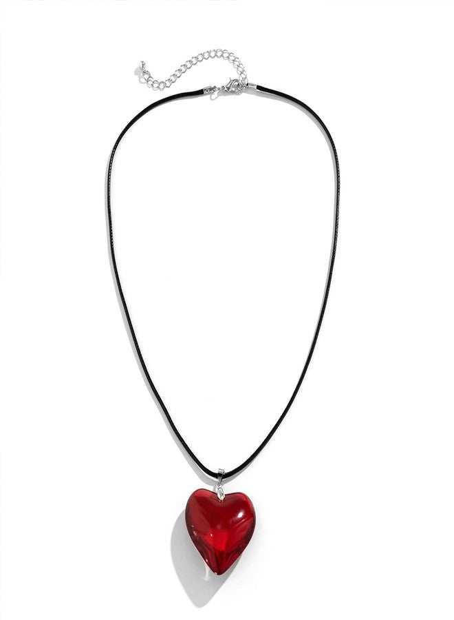 DOLLESS Big Heart Necklace for Women Chunky Glass Puffy Big Heart Pendant Choker Necklace (Red) - Image 1